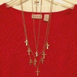 NEW Necklace Triple Cross Tiered With Tags & Gift Bag